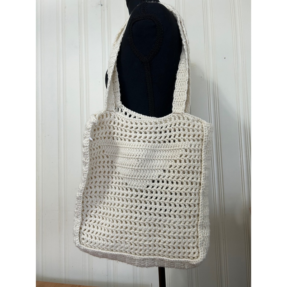 Handmade Crochet Tote Bag Cream Off White Boho Knit Market Shoulder Bag Cottage